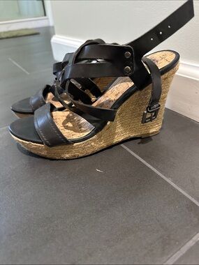 Guess Black Leather Espadrille Wedge Sandals